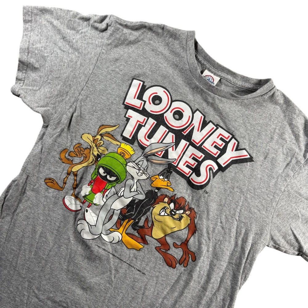 VTG Looney Tunes Y2K Delta Pro Weight Graphic T-Shirt Gray Mens M Bugs Bunny Taz